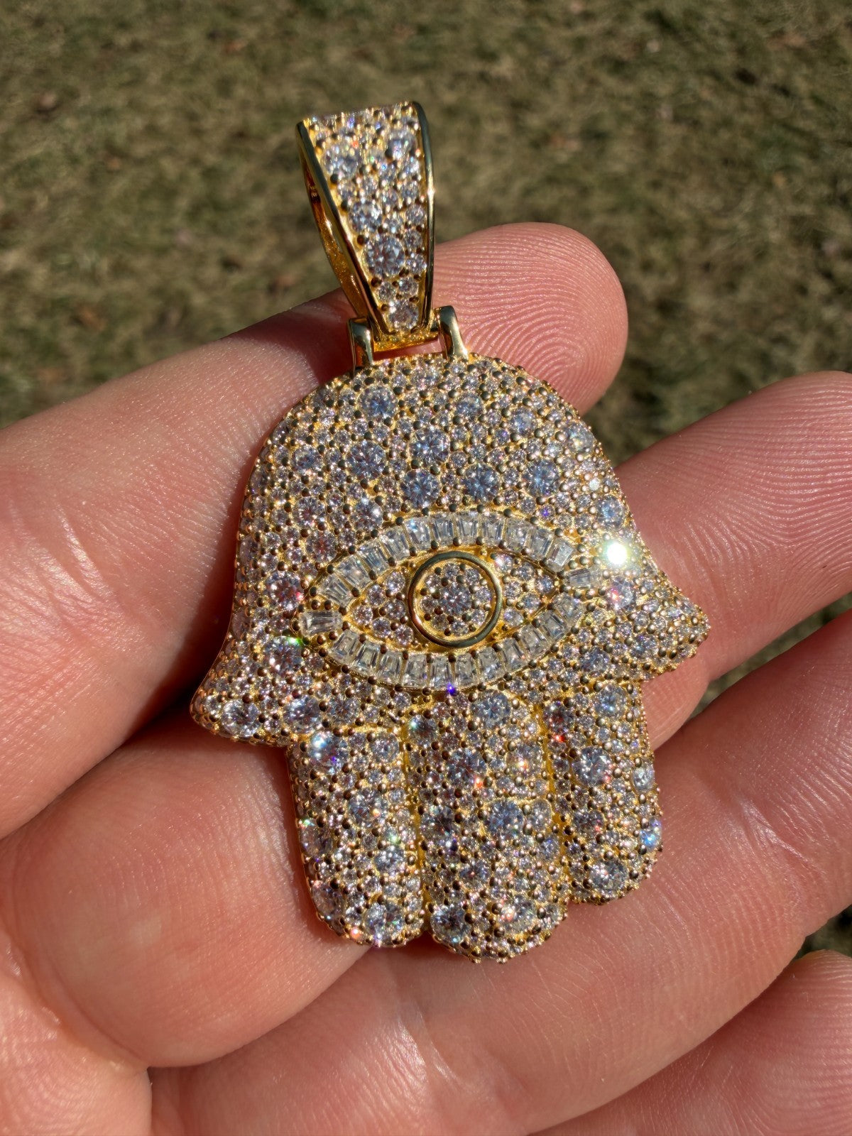 MOISSANITE Mosaic Setting Hamsa W. Evil Eye Pendant - 14k Yellow Gold Vermeil Or 925 Silver - Medium 2"