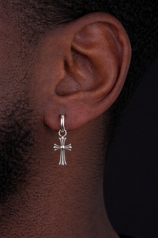 Hearts Of Chrome Studs W. Dangle Cross Earrings - 925 Silver Oxidized