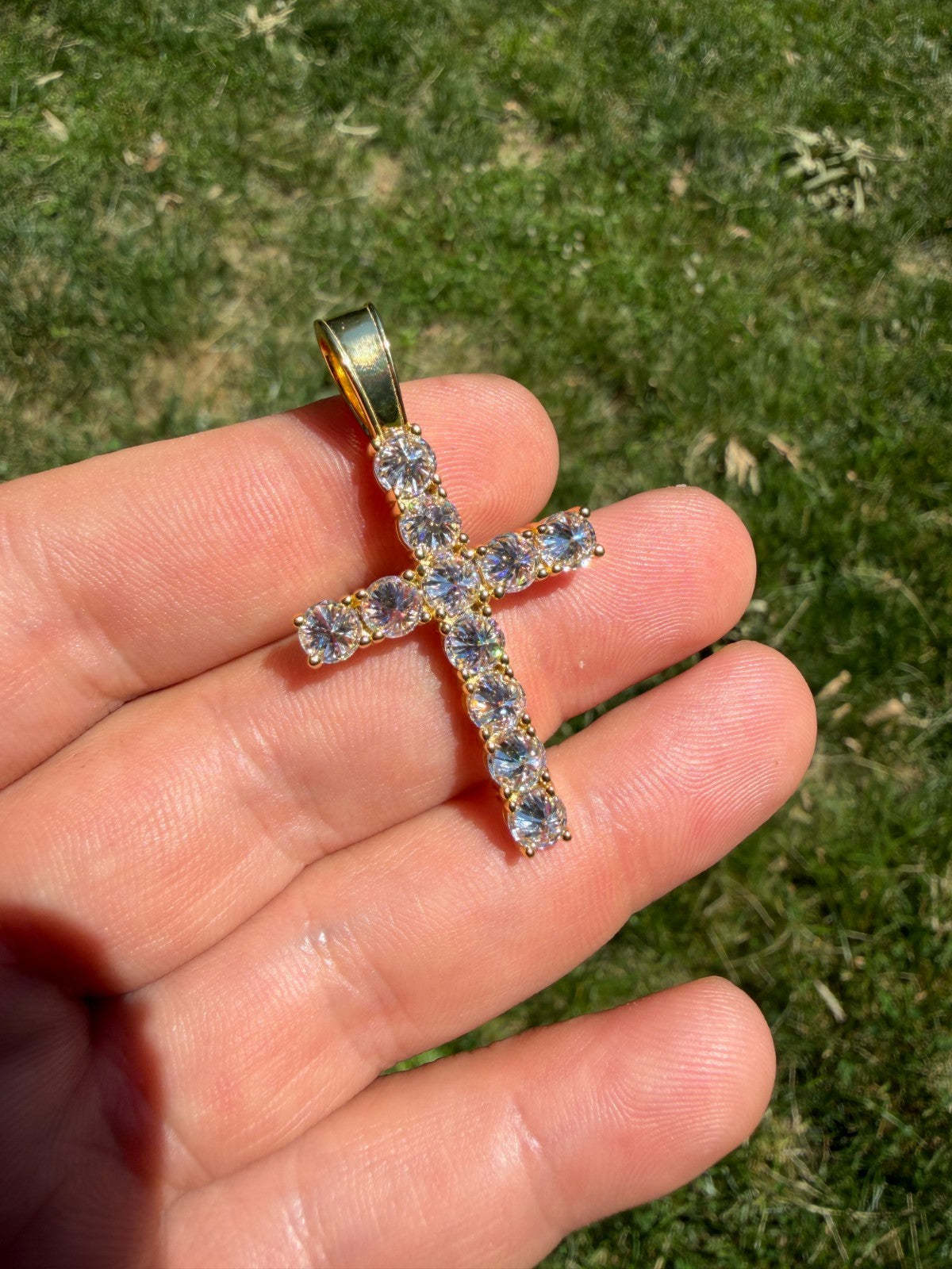 14k Gold Over 925 Silver Cross Iced Pendant Upside Down Set Reverse MOISSANITE