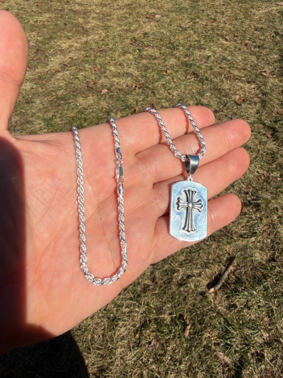 Hearts Chrome Dog Tag Cross Pendant - 925 Silver - 3 Sizes 1"-2.75"