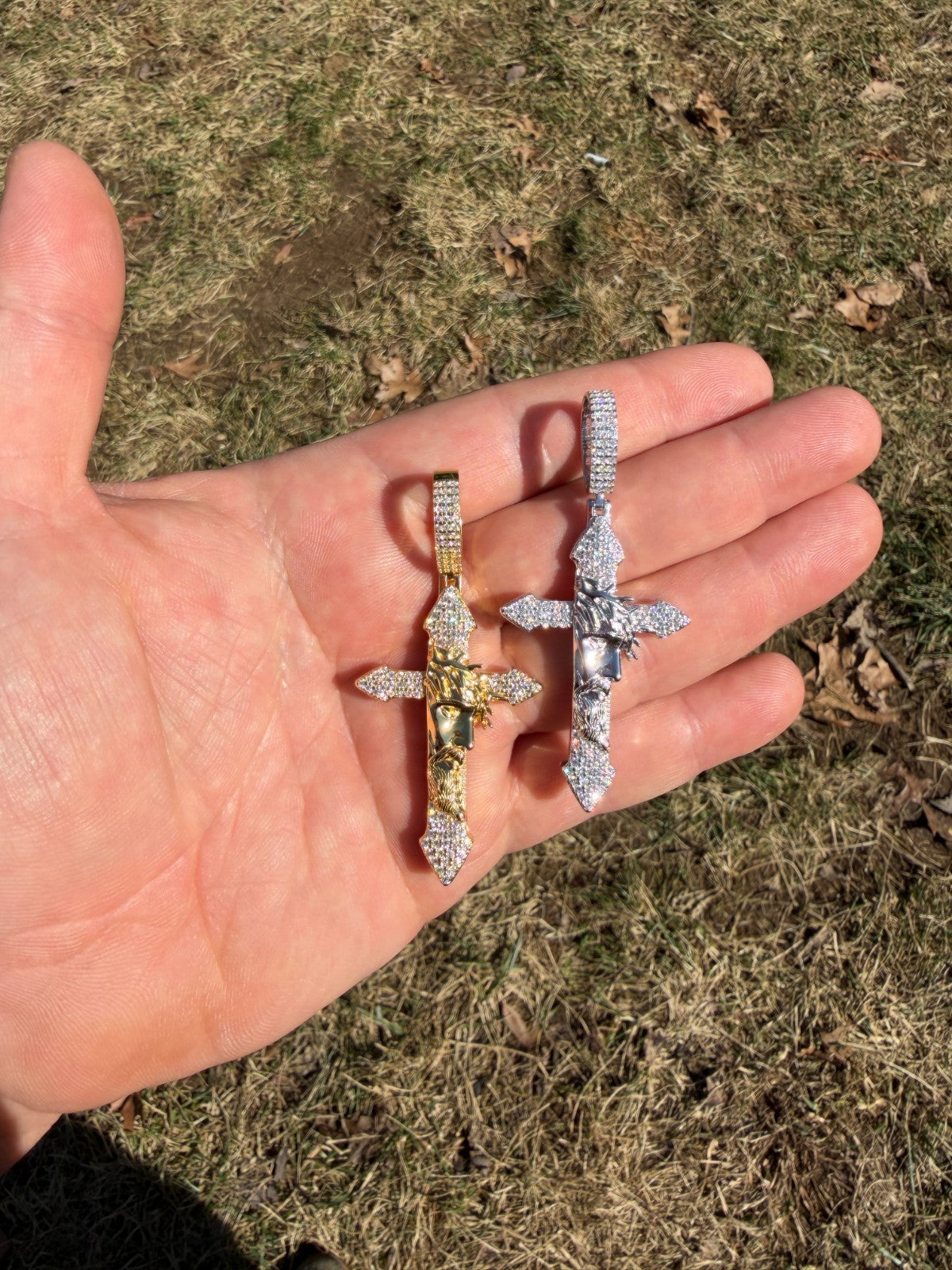 MOISSANITE Passion Of Christ Jesus On Gothic Cross Pendant - 14k Yellow Gold Vermeil Or 925 Silver - Large 2.5"