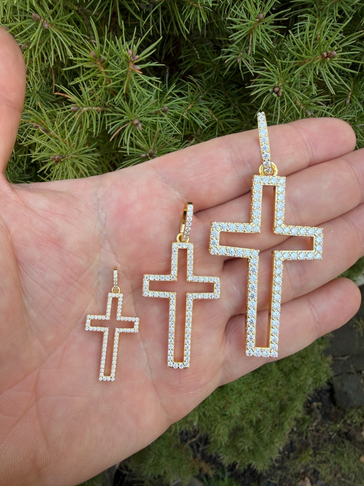MOISSANITE Classic Cross Cutout Pendant - 14k Gold Vermeil 925 Silver - 3 Sizes 1.33"-3"