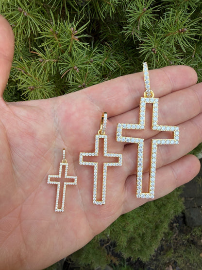 MOISSANITE Classic Cross Cutout Pendant - 14k Gold Vermeil 925 Silver - 3 Sizes 1.33"-3"