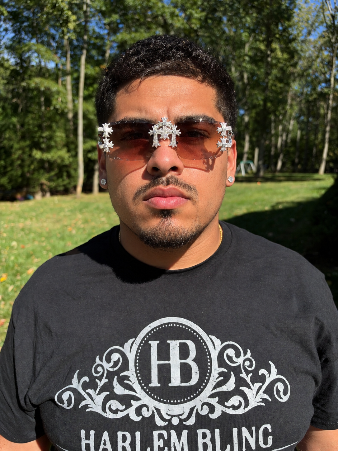 MOISSANITE Hearts Chrome Cross Iced Out Sunglasses - 925 Silver Buffs - Light Brown