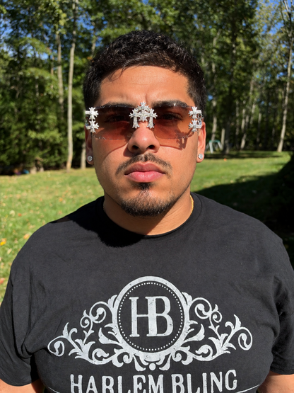 MOISSANITE Hearts Chrome Cross Iced Out Sunglasses - 925 Silver Buffs - Light Brown