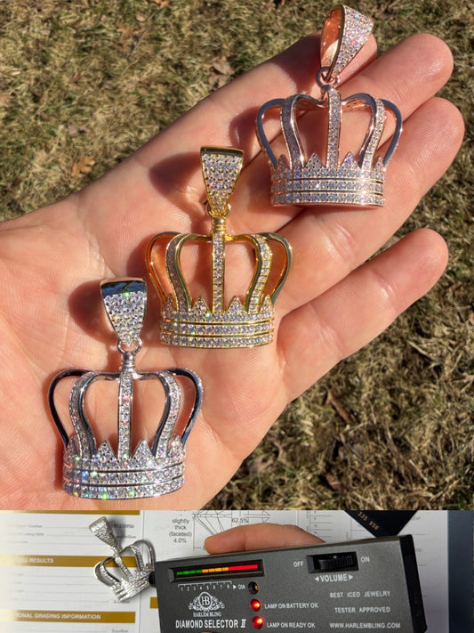 MOISSANITE Royalty Crown Pendant - 14k Yellow/Rose Gold Vermeil or 925 Silver - Large 2"