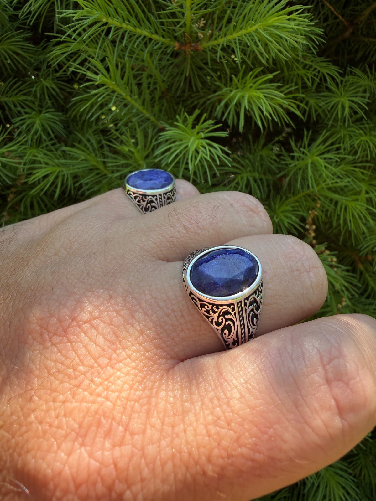 Columbian King Ring - 925 Silver Oxidized - Genuine Blue Sapphire Stone