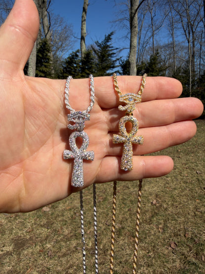 MOISSANITE Mosaic Setting Ankh W. Eye Of Horus Pendant - 14k Yellow Gold Vermeil Or 925 Silver - Medium 2"