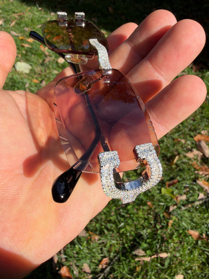 MOISSANITE Baguette Custom Iced Out Sunglasses - 925 Silver Buffs - Light Brown