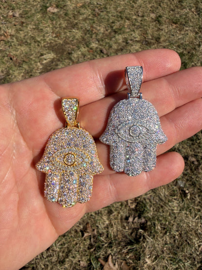 MOISSANITE Mosaic Setting Hamsa W. Evil Eye Pendant - 14k Yellow Gold Vermeil Or 925 Silver - Medium 2"