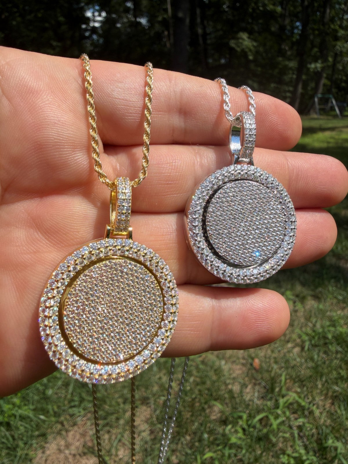 MOISSANITE Round Spinner Pendant - 14k Yellow Gold Vermeil Or 925 Silver - Medium 1.75"