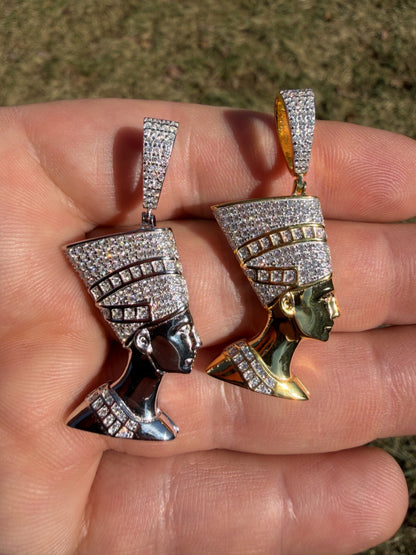 MOISSANITE Hip Iced Out Egyptian Queen Nefertiti Pendant - 14k Yellow Gold Vermeil Or 925 Silver - Medium 1.75"