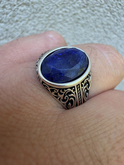 Columbian King Ring - 925 Silver Oxidized - Genuine Blue Sapphire Stone