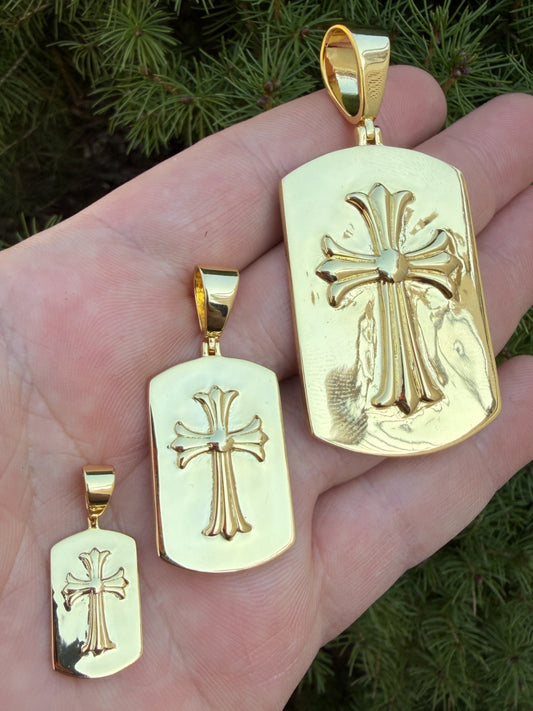 Hearts Chrome Dog Tag Cross Pendant - 14k Gold Vermeil 925 Silver - 3 Sizes 1"-2.75"