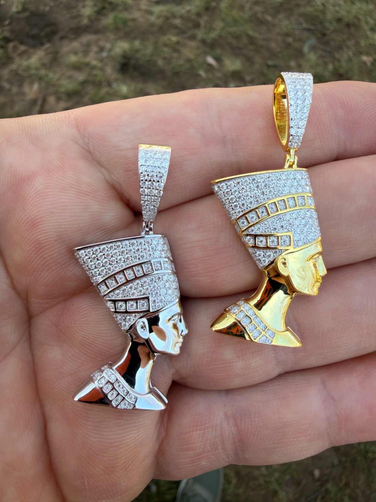 MOISSANITE Hip Iced Out Egyptian Queen Nefertiti Pendant - 14k Yellow Gold Vermeil Or 925 Silver - Medium 1.75"