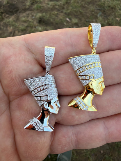 MOISSANITE Hip Iced Out Egyptian Queen Nefertiti Pendant - 14k Yellow Gold Vermeil Or 925 Silver - Medium 1.75"