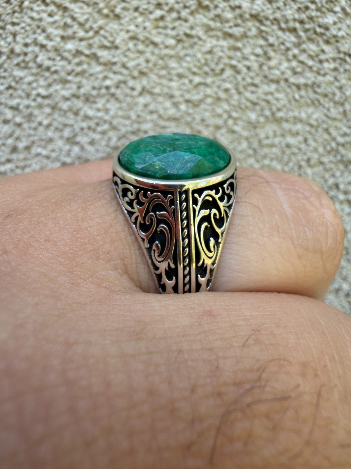 Columbian King Ring - 925 Silver Oxidized - Genuine Green Emerald Stone