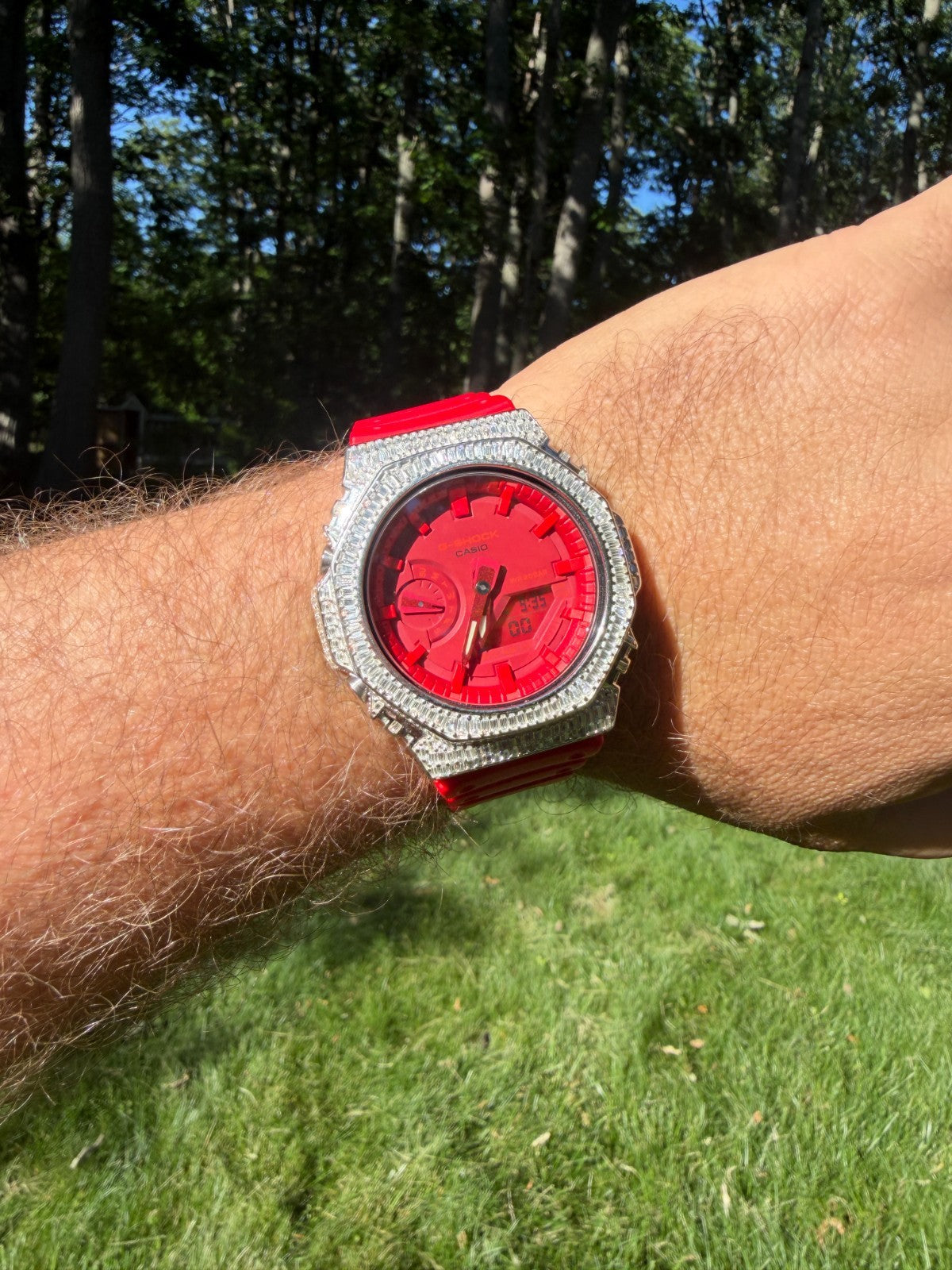 MOISSANITE Real 925 Silver Iced Baguette Red Casio G Shock GA-2100 Hip Hop Watch