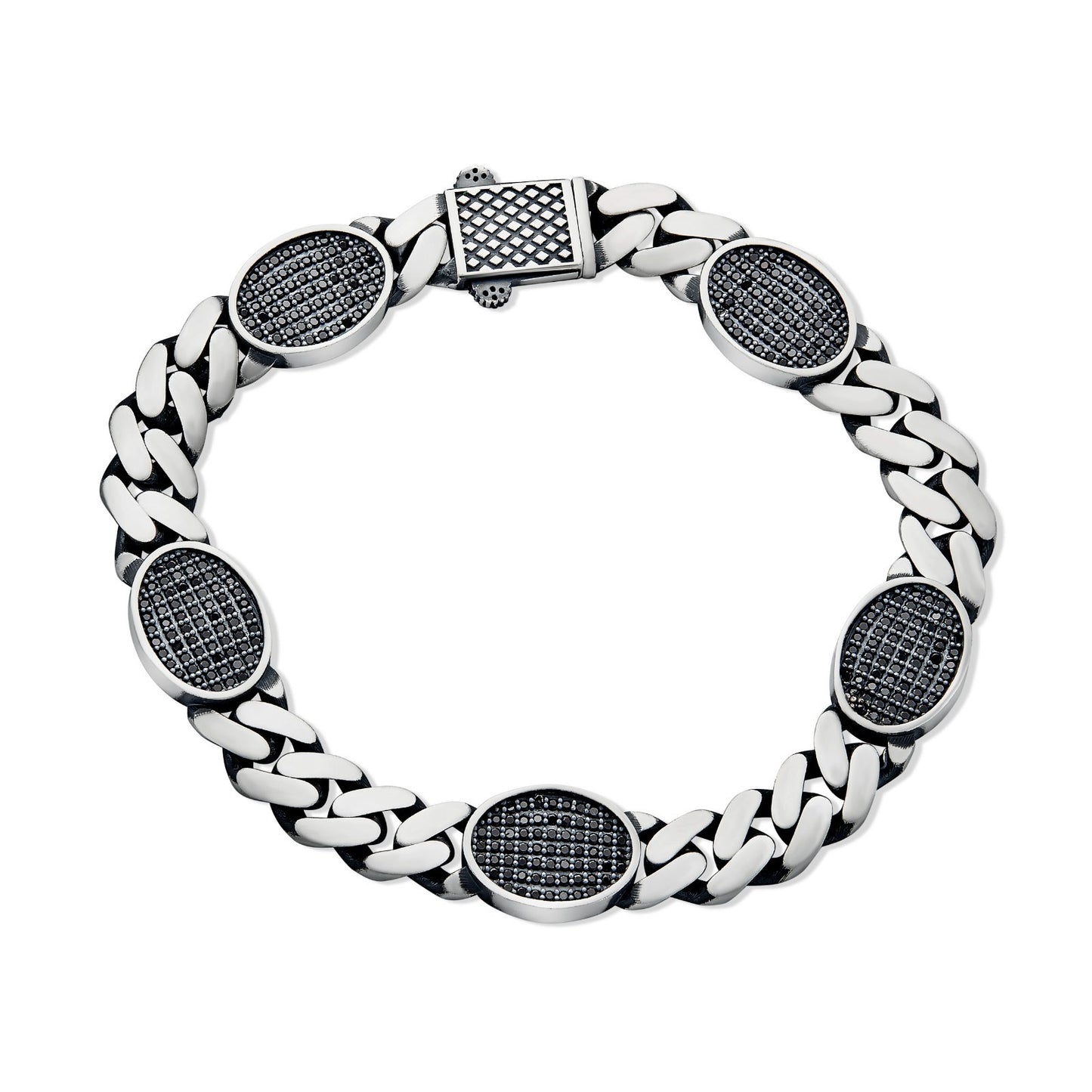 Mens Miami Cuban Link Bracelet W. Iced Out Black CZ Stones - 925 Silver - 8.5" - 12mm