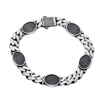 Mens Miami Cuban Link Bracelet W. Iced Out Black CZ Stones - 925 Silver - 8.5" - 12mm