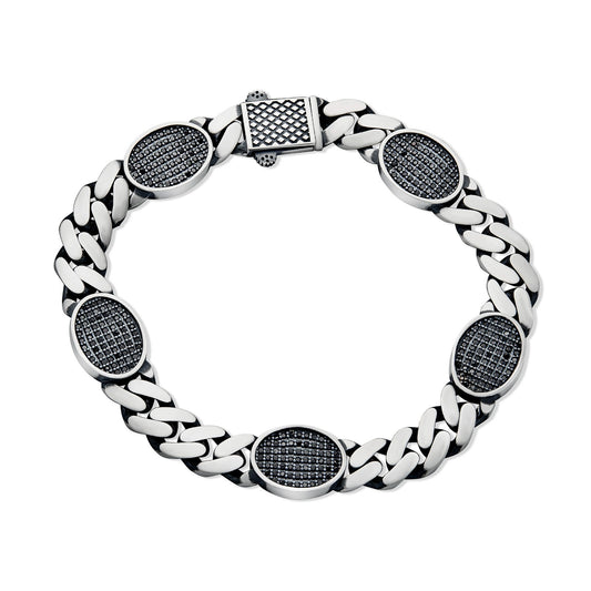 Mens Miami Cuban Link Bracelet W. Iced Out Black CZ Stones - 925 Silver - 8.5" - 12mm
