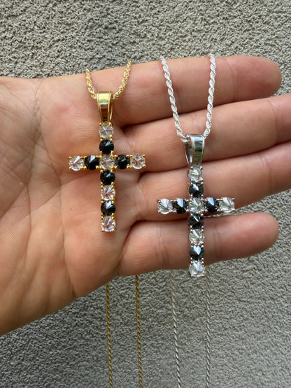 MOISSANITE Black & White Upside Down Set Cross Pendant - 14k Yellow Gold Vermeil Or 925 Silver - Medium 2"