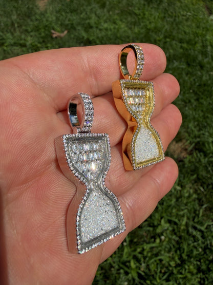 MOISSANITE Floating Diamond Hourglass Pendant - 14k Yellow Gold Vermeil Or 925 Silver - Medium 2"