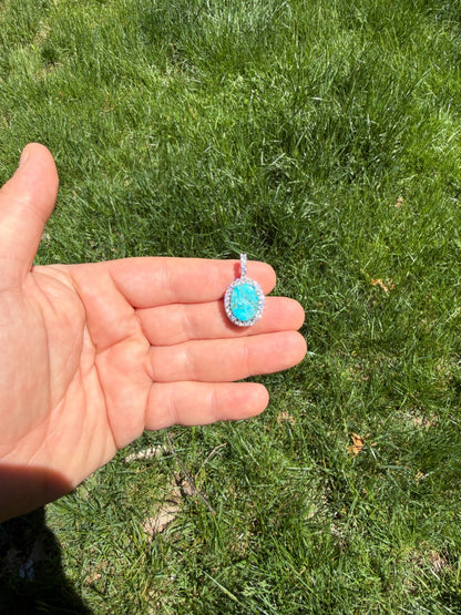 MOISSANITE Royalty Ocean Freeze Pendant - 925 Silver - Oval Genuine Blue Turquoise Stone