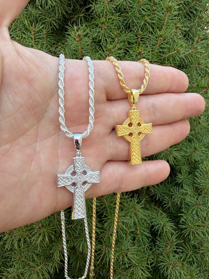Handmade Viking Celtic Cross Pendant - 14k Gold Vermeil 925 Silver - Medium 1.75"