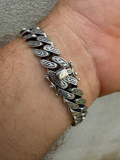 Mens Custom 12mm Hawaiian Scroll Miami Cuban Link Bracelet Real 925 Silver