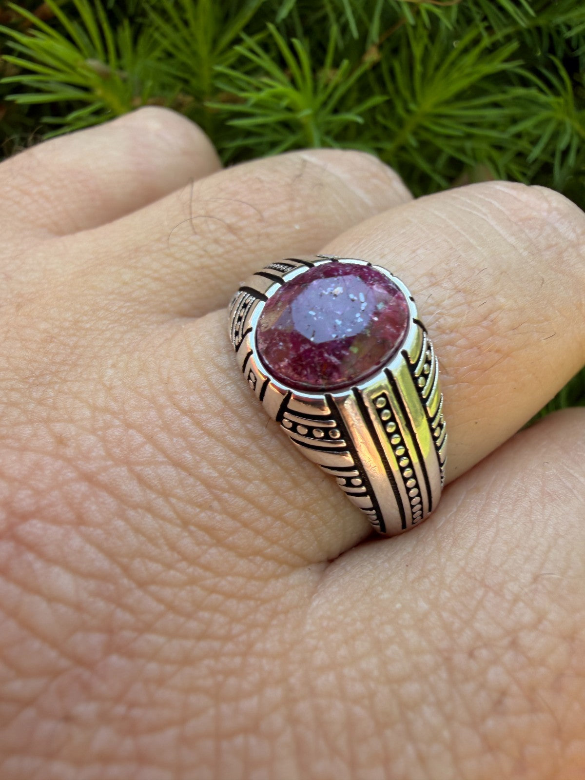 Navajo Tribe Ring - 925 Silver Oxidized - Genuine Red Ruby Stone