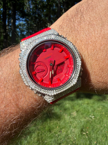 MOISSANITE Real 925 Silver Iced Baguette Red Casio G Shock GA-2100 Hip Hop Watch