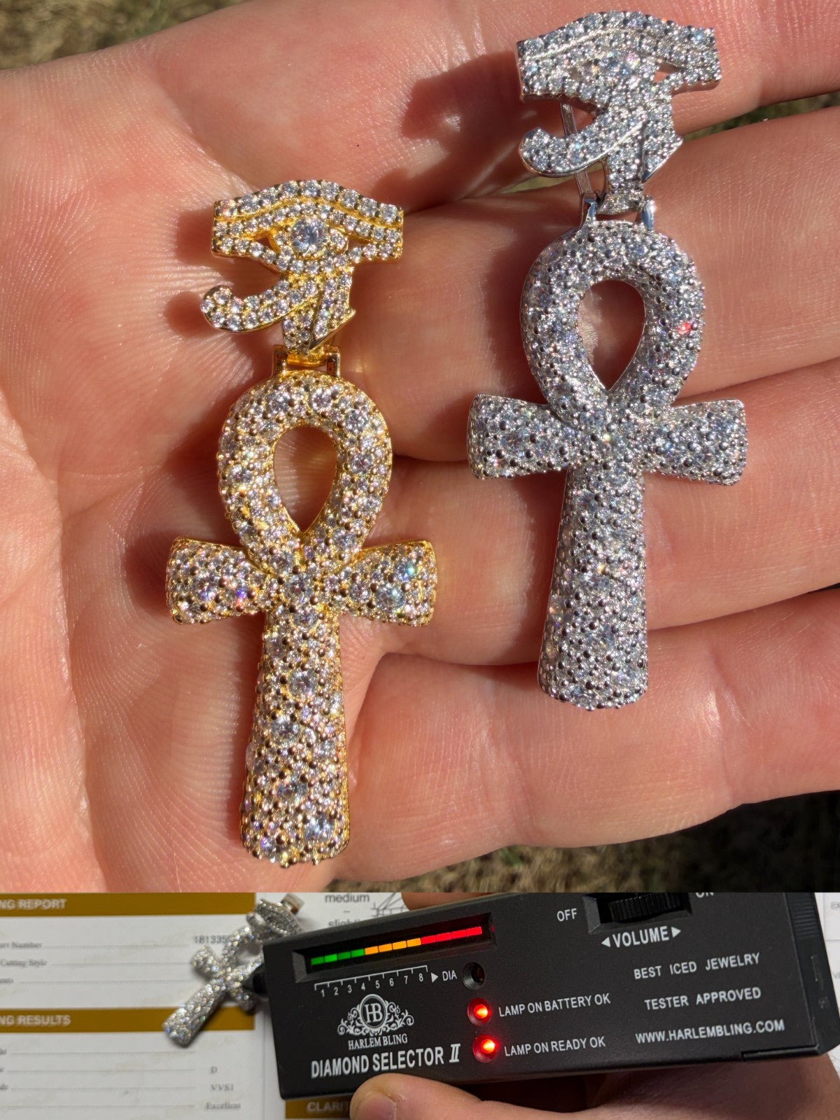 MOISSANITE Mosaic Setting Ankh W. Eye Of Horus Pendant - 14k Yellow Gold Vermeil Or 925 Silver - Medium 2"