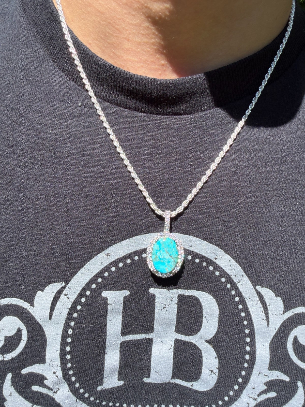 MOISSANITE Royalty Ocean Freeze Pendant - 925 Silver - Oval Genuine Blue Turquoise Stone