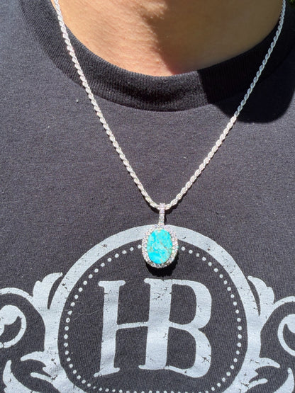 MOISSANITE Royalty Ocean Freeze Pendant - 925 Silver - Oval Genuine Blue Turquoise Stone