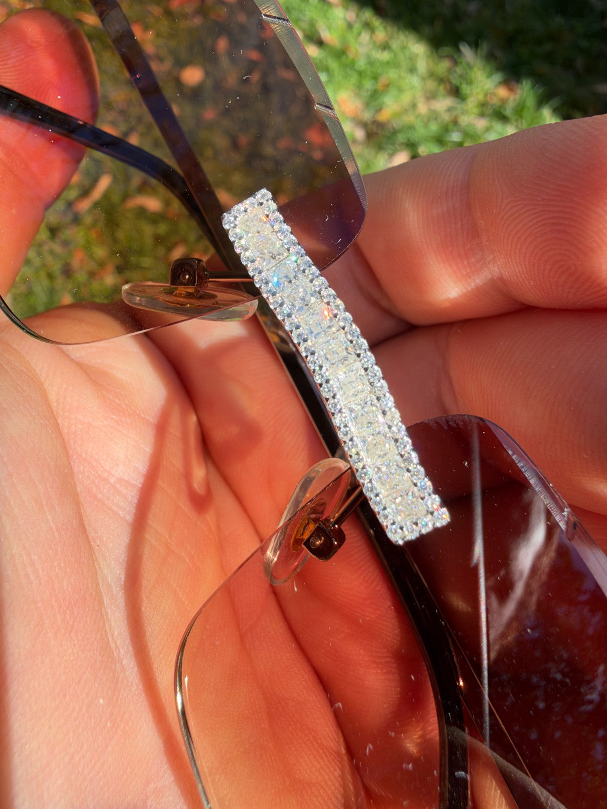 MOISSANITE Baguette Custom Iced Out Sunglasses - 925 Silver Buffs - Light Brown