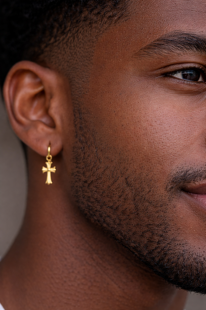 Hearts Of Chrome Studs W. Dangle Cross Earrings - 14k Gold Vermeil 925 Silver