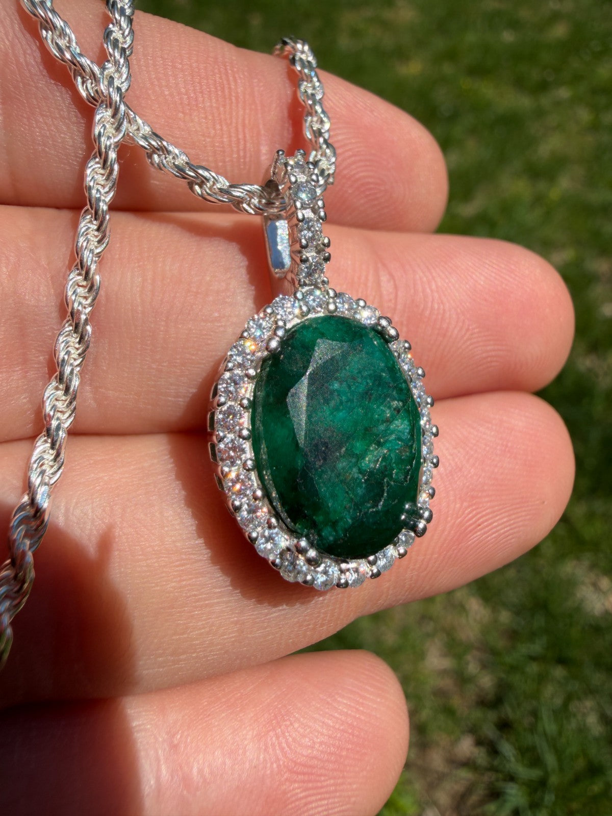MOISSANITE Royalty Green Phantom Pendant - 925 Silver - Oval Green Emerald Stone