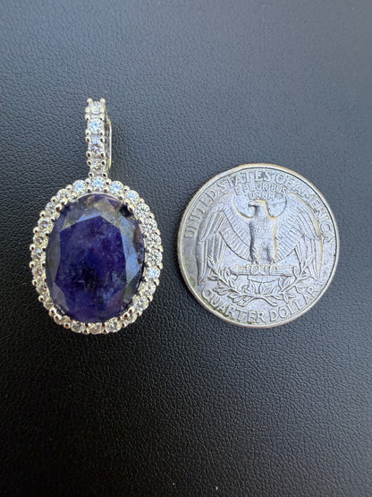 MOISSANITE Royalty Midnight Ocean Pendant - 925 Silver - Oval Genuine Blue Sapphire Stone