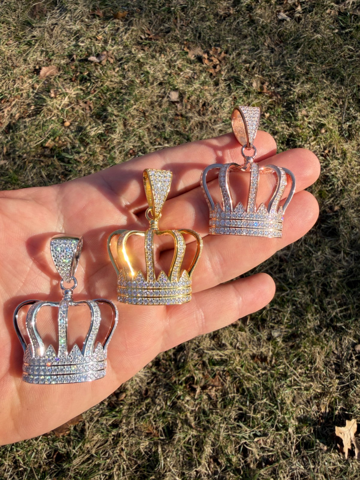 MOISSANITE Royalty Crown Pendant - 14k Yellow/Rose Gold Vermeil or 925 Silver - Large 2"