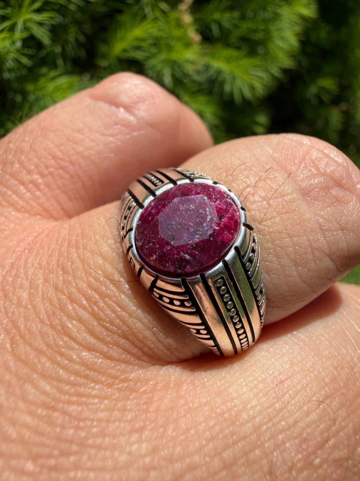 Navajo Tribe Ring - 925 Silver Oxidized - Genuine Red Ruby Stone