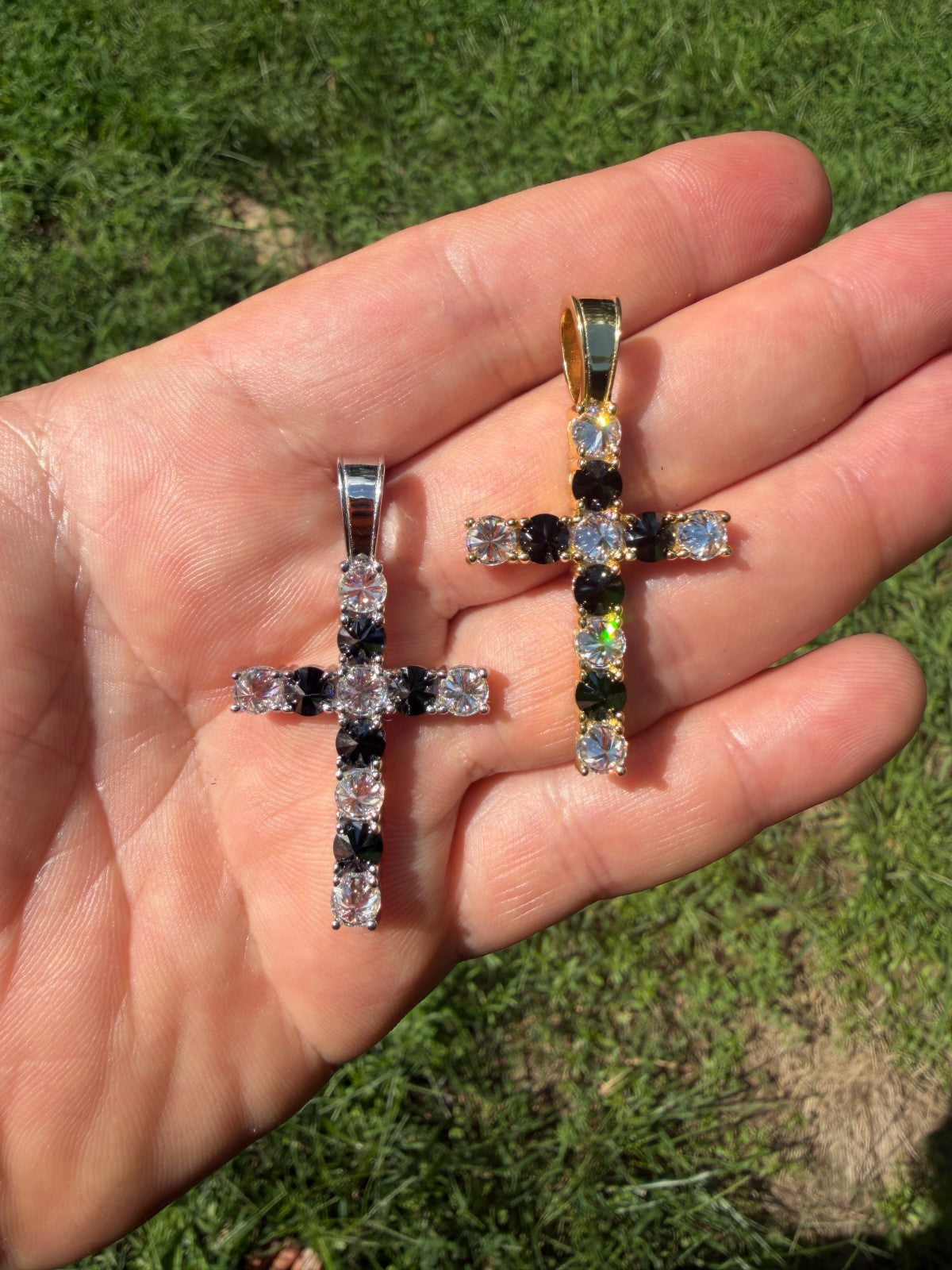 MOISSANITE Black & White Upside Down Set Cross Pendant - 14k Yellow Gold Vermeil Or 925 Silver - Medium 2"