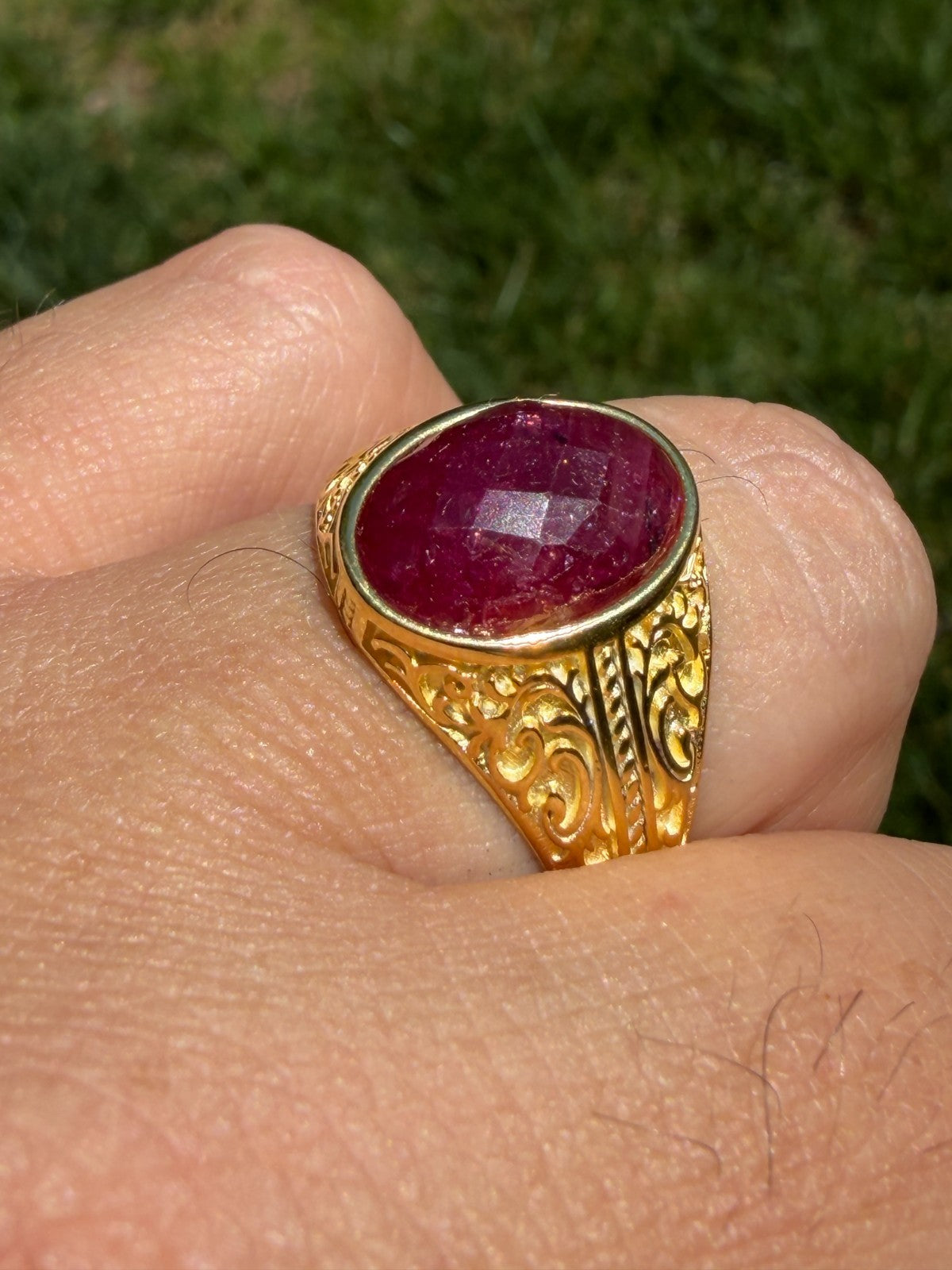 Columbian King Ring - 14k Gold Vermeil 925 Silver - Genuine Red Ruby Stone