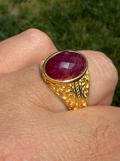Columbian King Ring - 14k Gold Vermeil 925 Silver - Genuine Red Ruby Stone