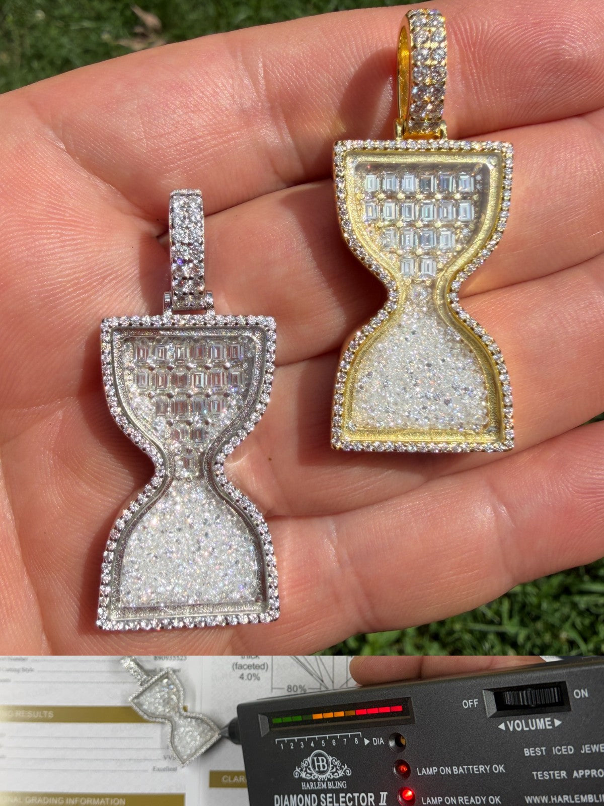 MOISSANITE Floating Diamond Hourglass Pendant - 14k Yellow Gold Vermeil Or 925 Silver - Medium 2"