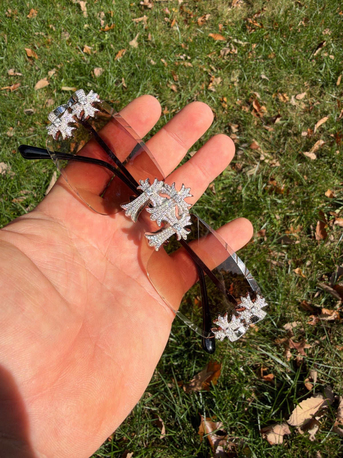 MOISSANITE Hearts Chrome Cross Iced Out Sunglasses - 925 Silver Buffs - Light Brown