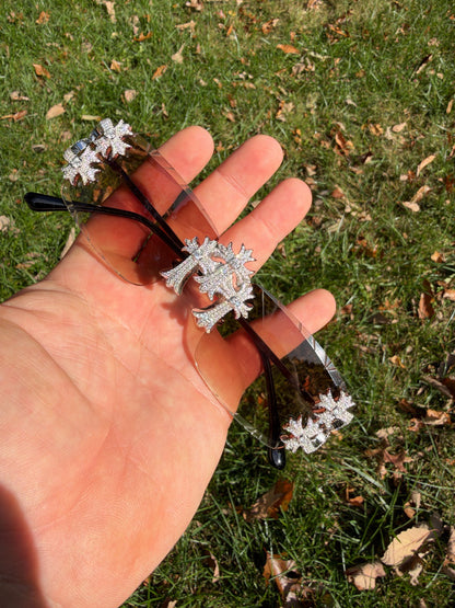 MOISSANITE Hearts Chrome Cross Iced Out Sunglasses - 925 Silver Buffs - Light Brown