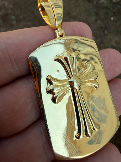 Hearts Chrome Dog Tag Cross Pendant - 14k Gold Vermeil 925 Silver - 3 Sizes 1"-2.75"