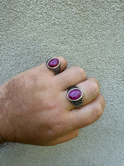Columbian King Ring - 925 Silver Oxidized - Genuine Red Ruby Stone