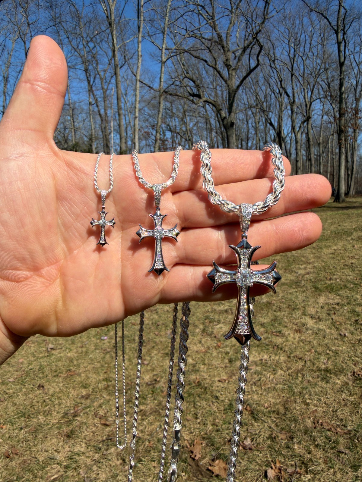 MOISSANITE Hearts Chrome Cross Pendant - 925 Silver - 3 Sizes 1"-2.75"